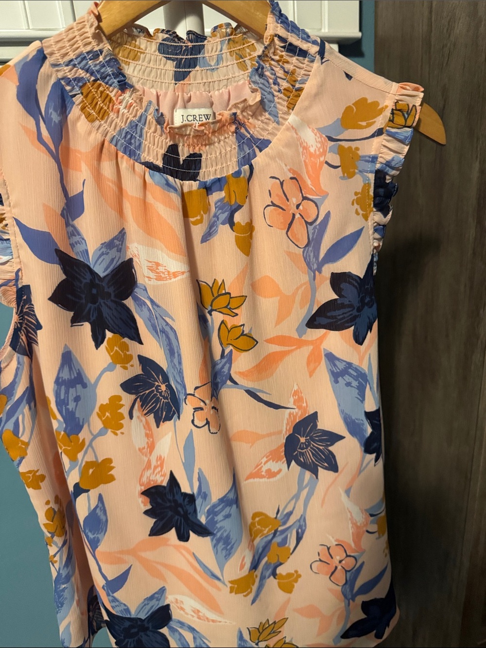 J. Crew Peach Floral Sleeveless Ruffled Smocked-Neck Top